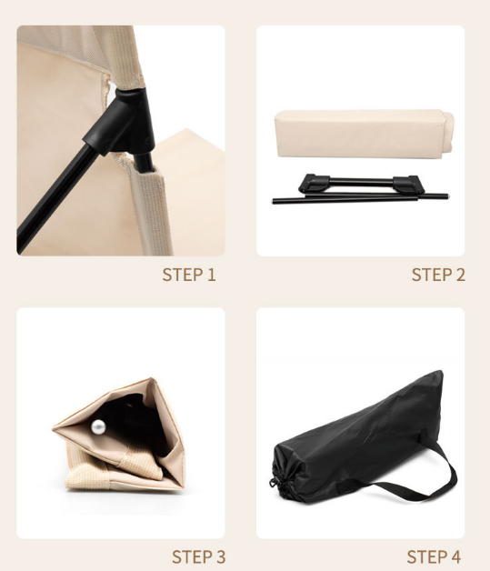 Foldable lawn chair parts: frame, fabric seat, and carrying storage bag in steps