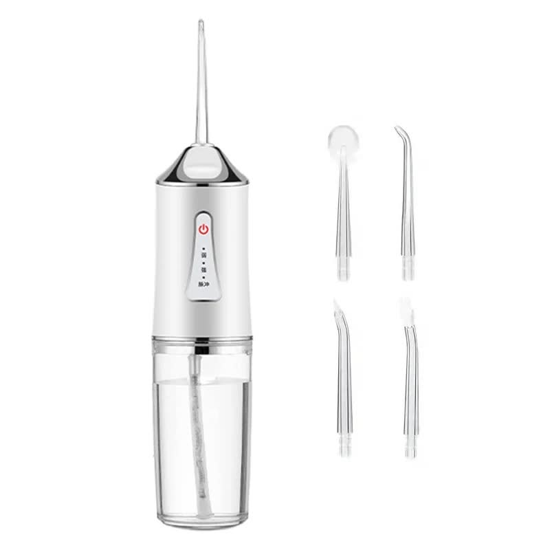 White portable water flosser with clear tank and two detachable jet tips