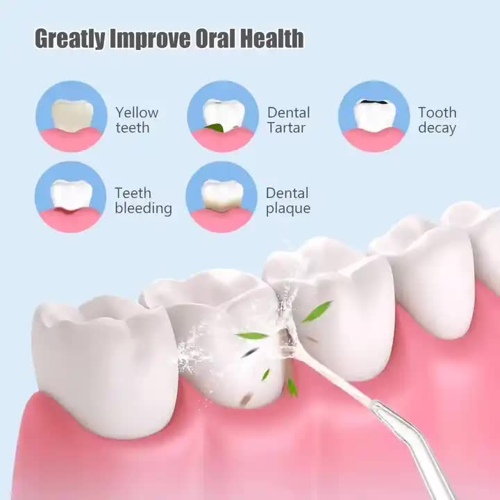 Water flosser nozzle aiming at teeth model with spray stream