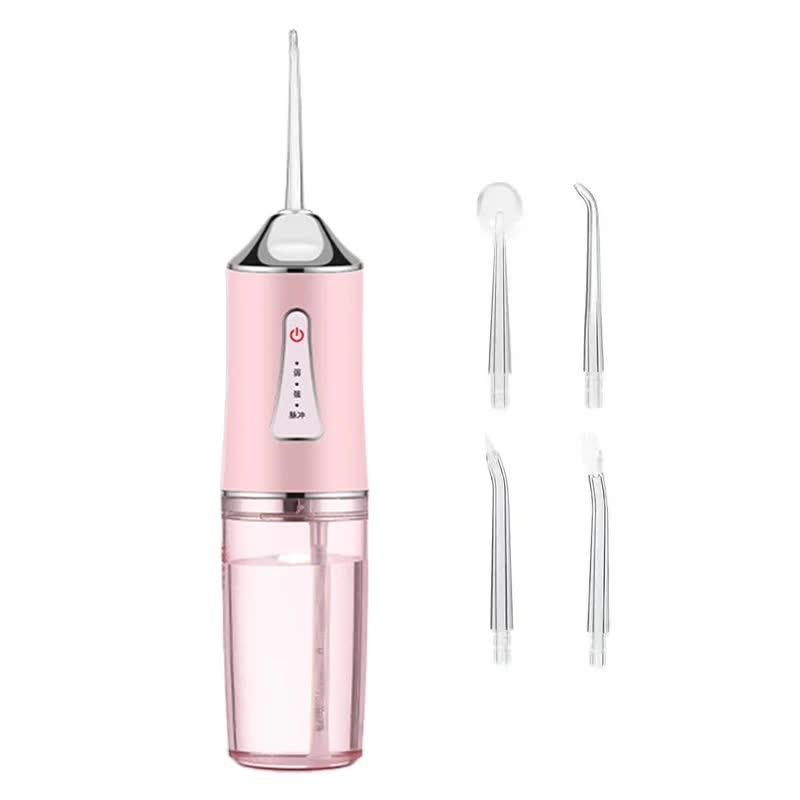 Pink portable water flosser with slender nozzle and two spare jet tips