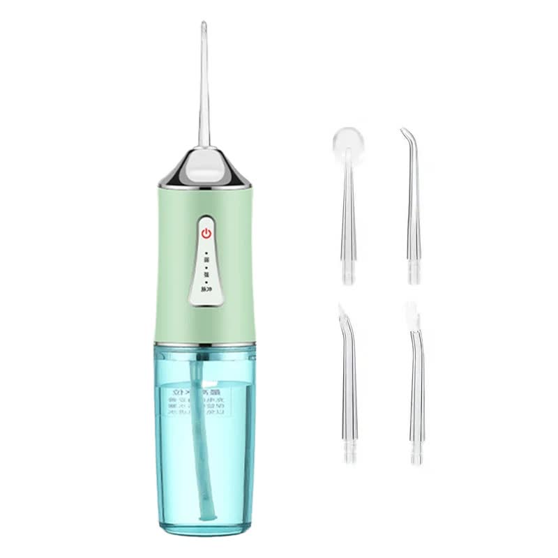 Green portable water flosser with four jet tips and translucent water tank