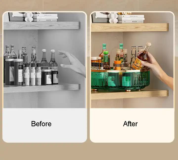Rotating storage rack in a shelf with spice bottles and glass containers, hand turning