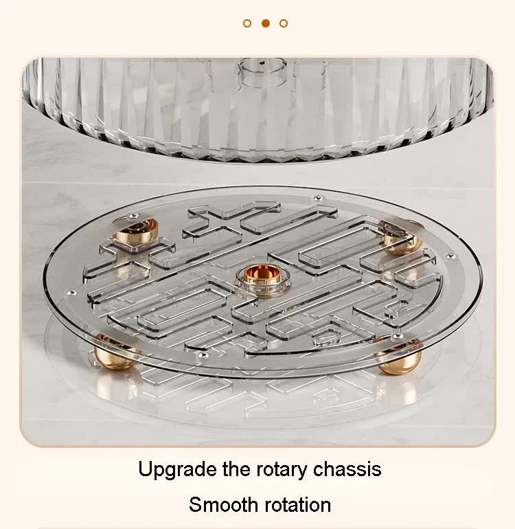 Rotating storage rack base with clear circular tray and metal support, four feet