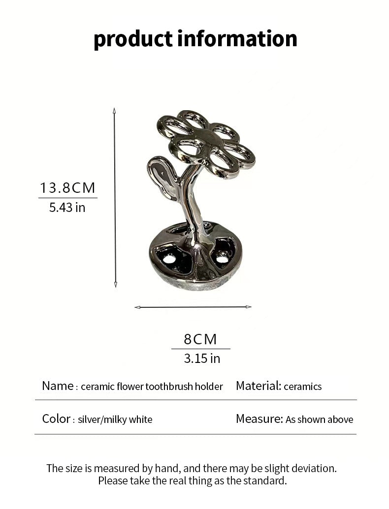 Ceramic flower toothbrush holder with holder base, shown with dimensions
