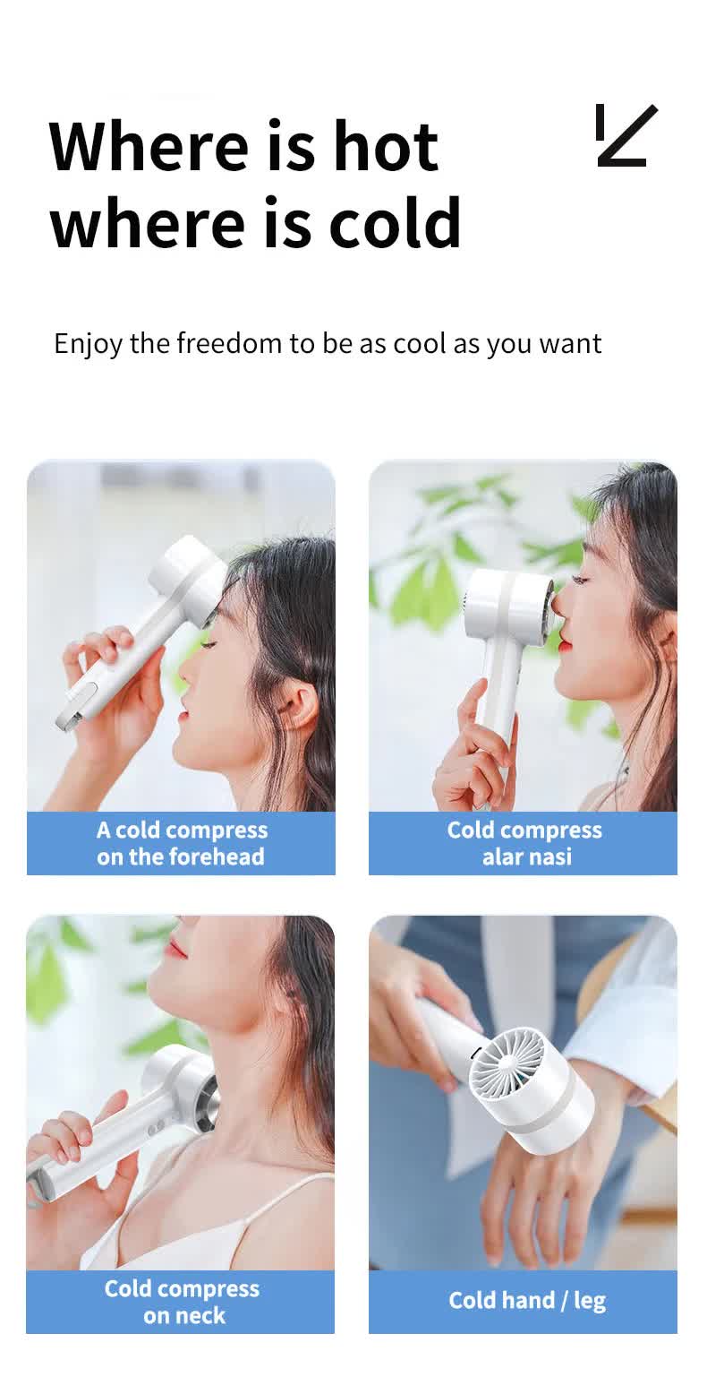 Mini handheld cooling fan shown in multiple positions for face, neck, and hands