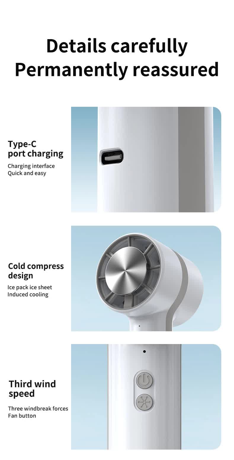 White mini cooling fan close-up with Type‑C charging port and cold-compress dial