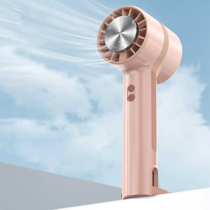 Pink handheld cooling fan with round front vent