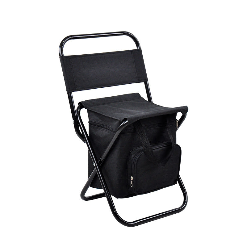 Black folding camping chair with insulated cooler storage bag and padded seat, steel frame.