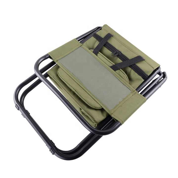 Olive folding camping chair with insulated cooler storage bag, flat top straps, steel base.