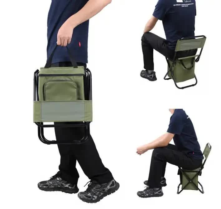 Olive folding camping chair with insulated cooler storage bag, carried by top handle and frame.