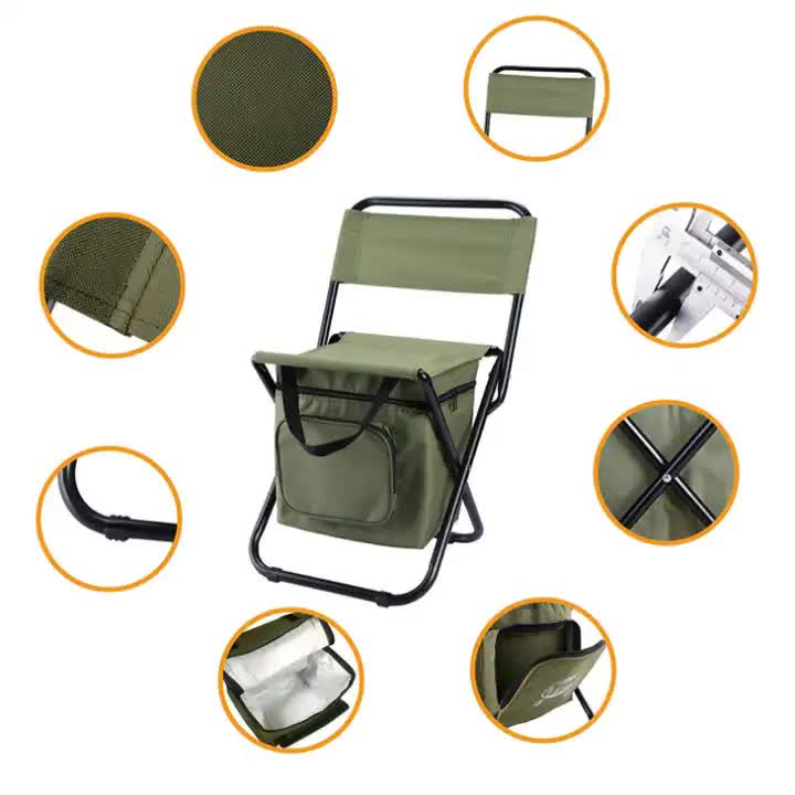 Olive folding camping chair with insulated cooler bag, backrest, padded seat, and front pocket.