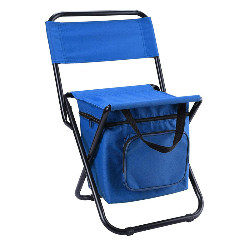 Blue folding camping chair with front storage pocket and insulated cooler bag
