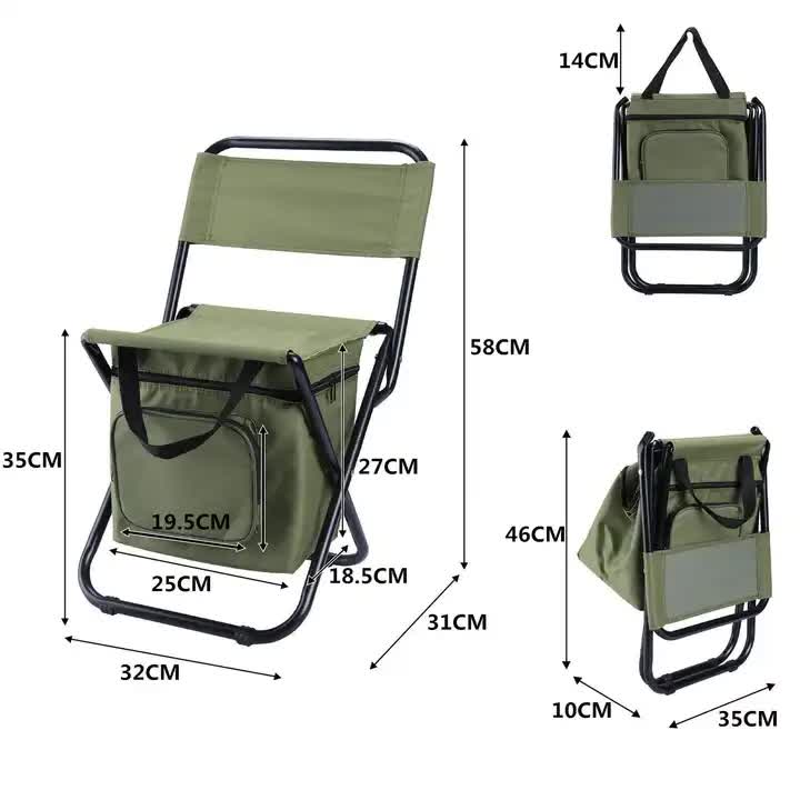 Olive folding camping chair with front storage bag and backrest