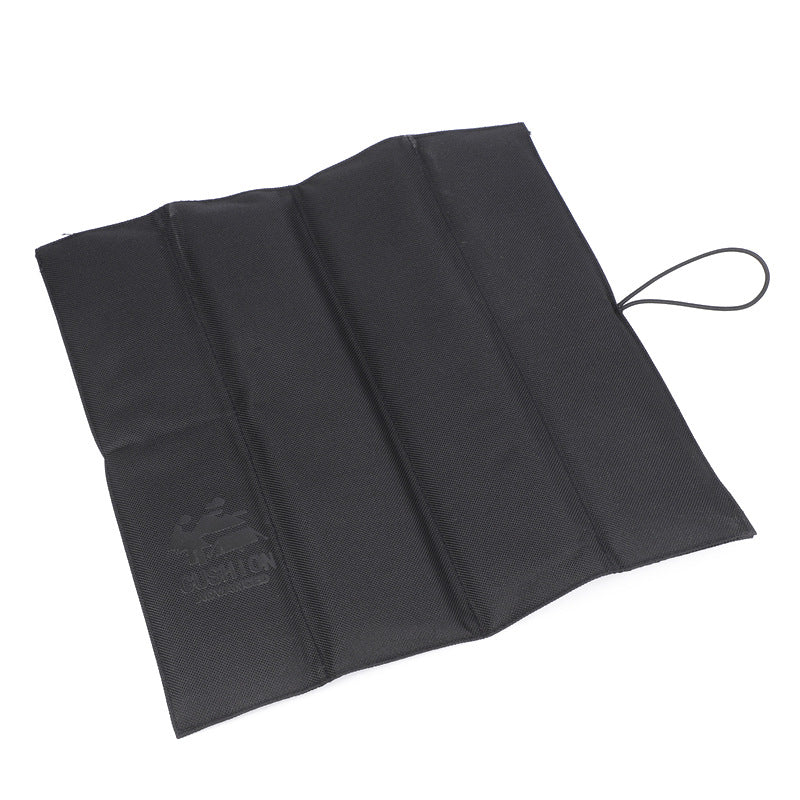 Foldable black waterproof picnic seat pad with drawstring strap, folded flat
