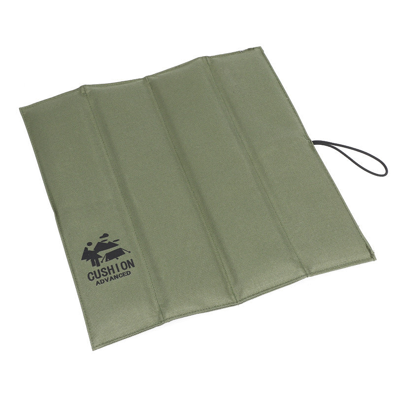 Foldable olive green picnic seat pad with carrying cord and logo