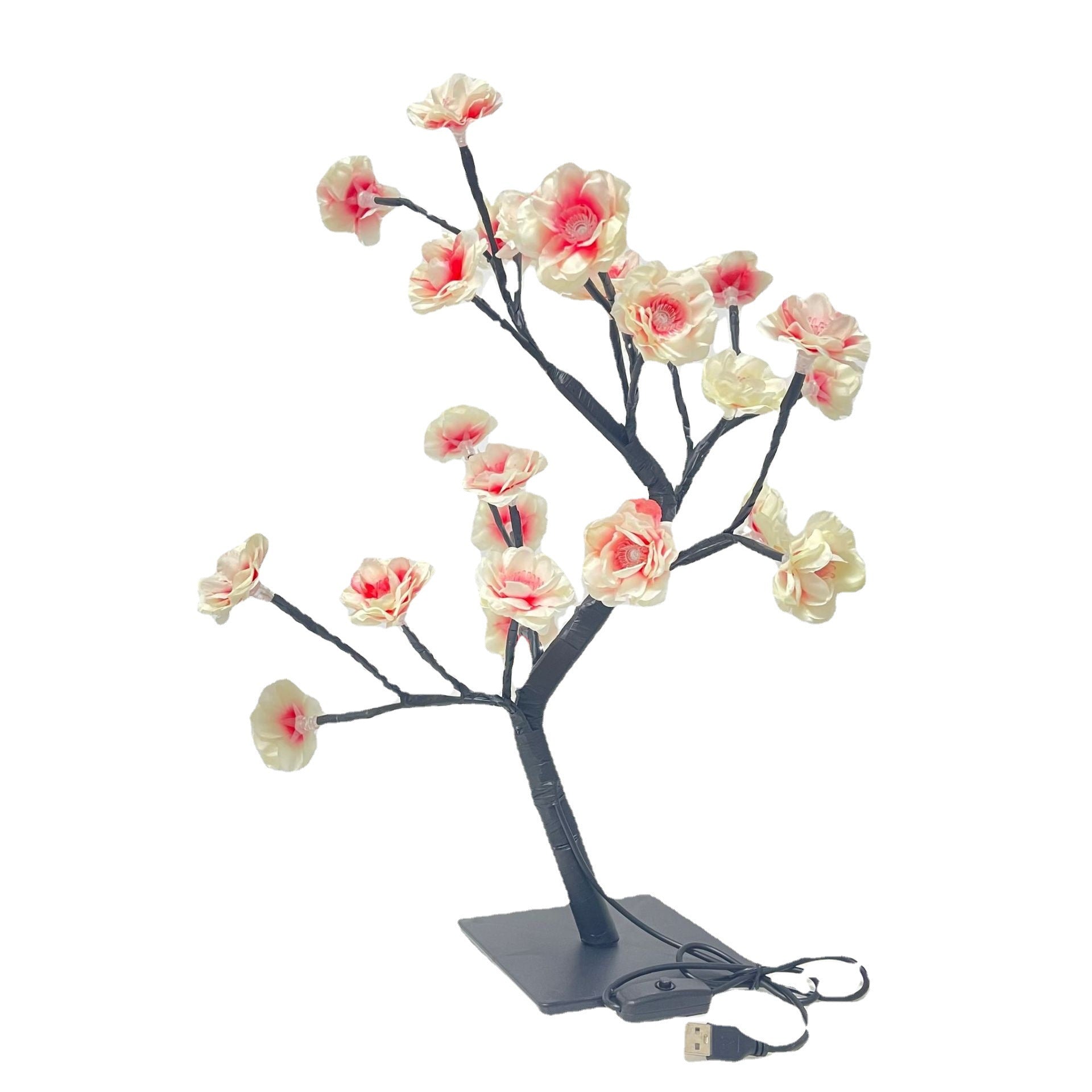 LED rose flower tree light with cream and pink rose blooms on a dark base and USB plug