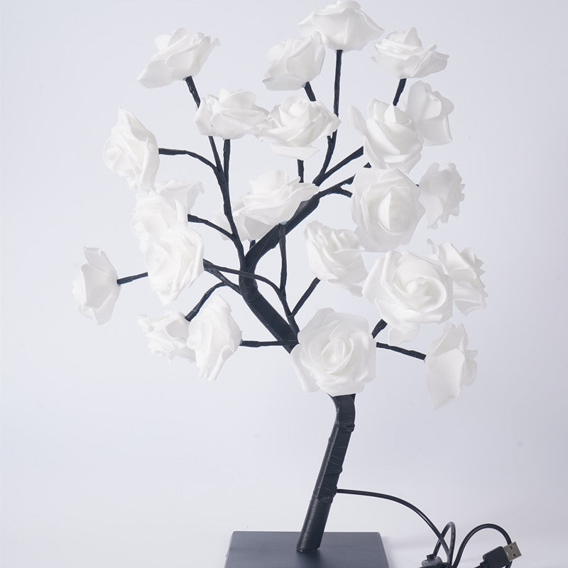 Rose flower tree light with white roses on black branches, detachable base and USB cord