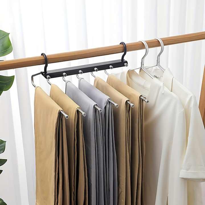 Black stainless steel foldable pants hanger with multiple non-slip bars
