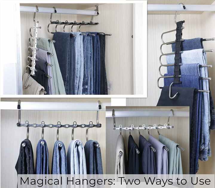 Closet multi-layer pants hanger set with multiple clips holding folded pants on two rods