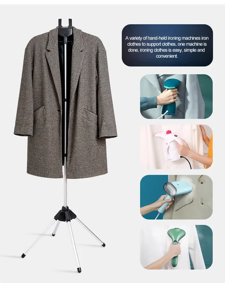 Garment steamer stand holding a jacket on a wide hanger bar