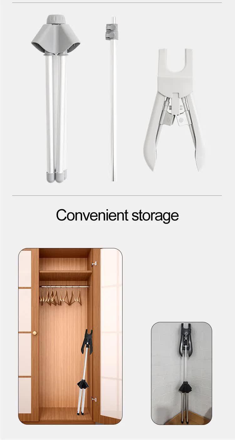 Folded garment steamer stand with hanging clip and height posts