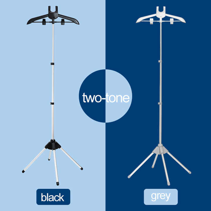 Grey two-tone garment steamer stand with tripod base and adjustable pole