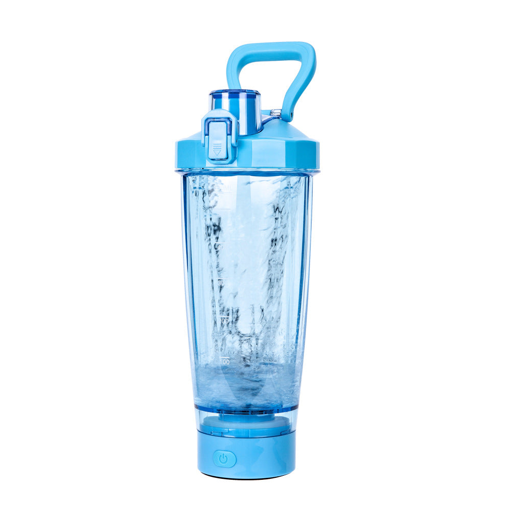 Blue electric shaker bottle with carry handle, transparent cup and black mixing base