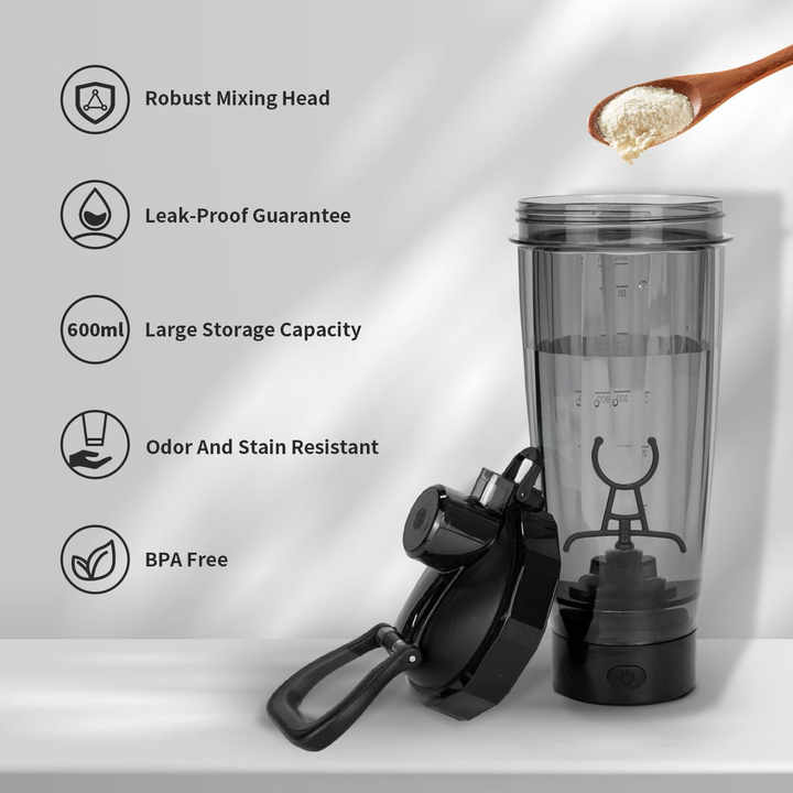 Portable electric shaker bottle with black base and mixing head attachment, handle shown