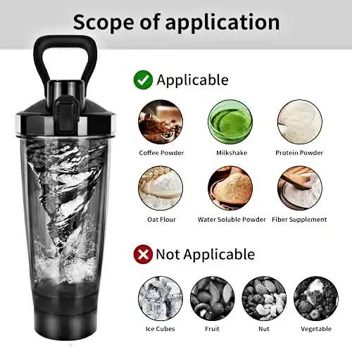 Clear electric shaker bottle with ice splash inside and black mixing top with carry handle