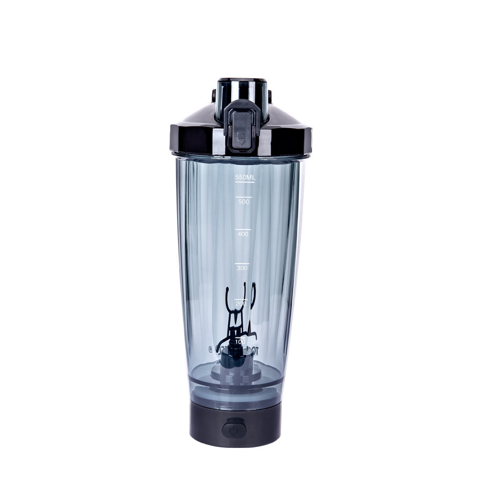 Black 550ml electric protein shaker bottle with mixing whisk and secure lid