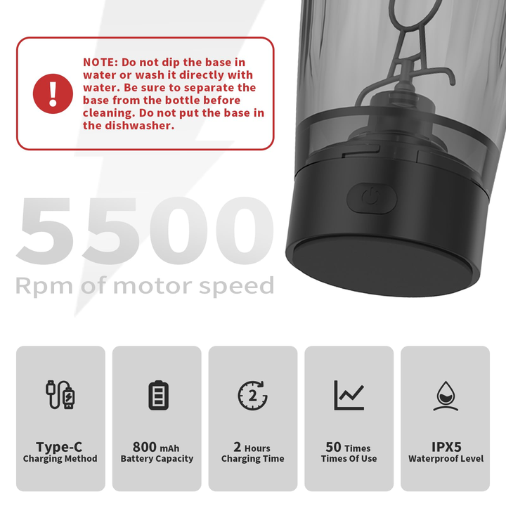 Electric shaker bottle with black base and icons for charging, speed, and waterproof level