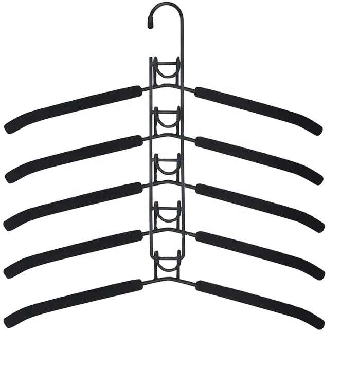 Five-arm black multi-layer clothing hanger rack with curved hooks and foam bars