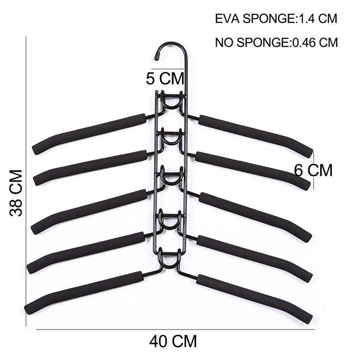 Black multi-tier hanger rack dimensions: 40 cm wide and 38 cm tall, with 6 arms