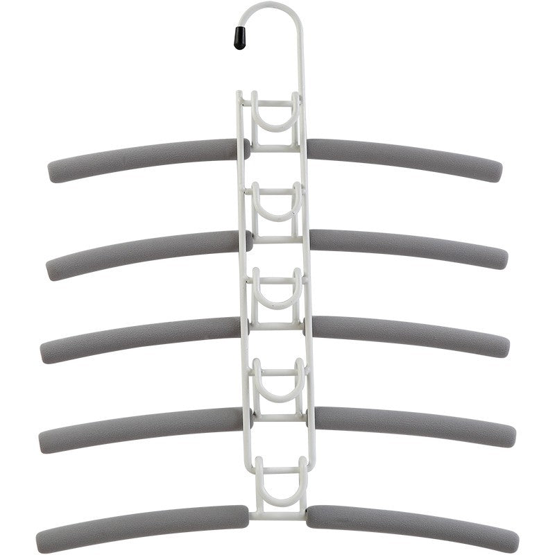Grey multi-layer foam children hangers with four curved arms on a rack