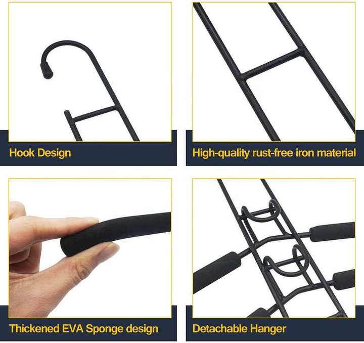 Black foam hanger set detail: cushioned bars with curved hook and detachable clips
