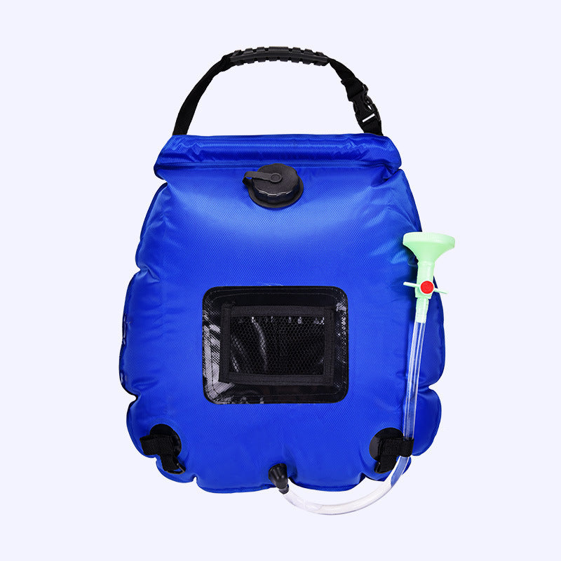 Portable solar camping shower bag, blue with black temperature display window