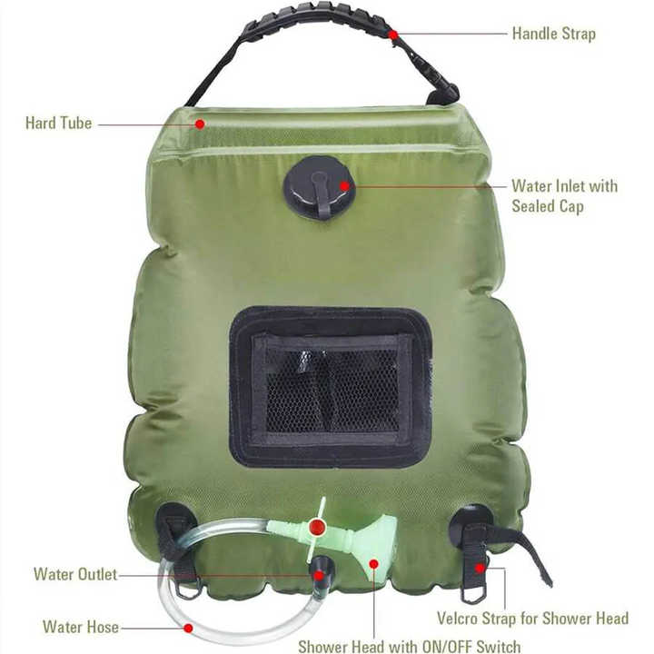 Portable solar camping shower bag in olive green with shower head and outlet hose