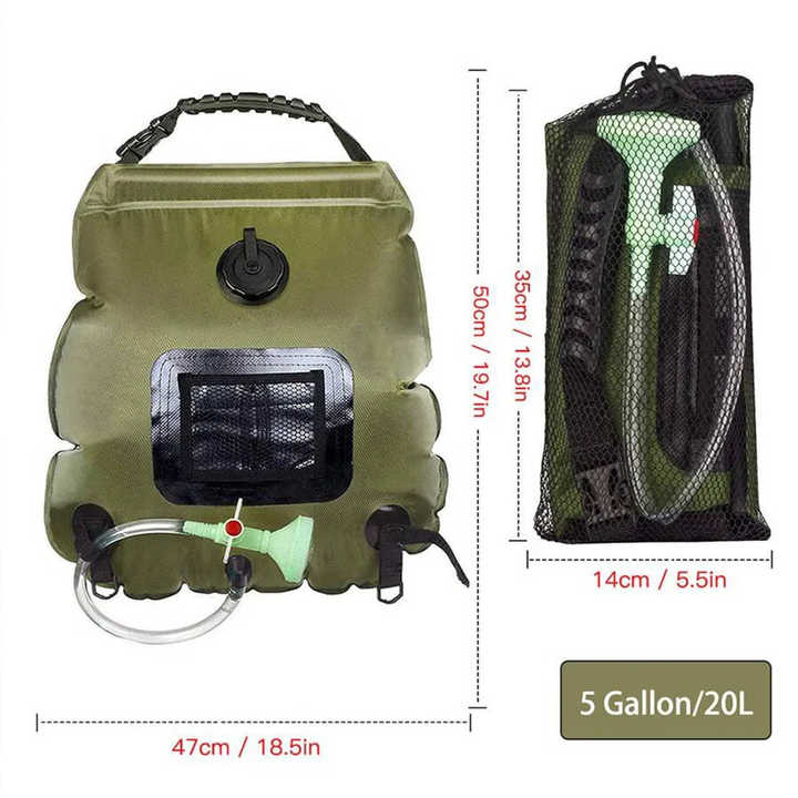 Portable solar shower bag in olive green with black temperature panel and shower hose