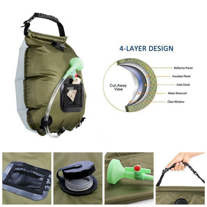 Portable solar shower bag in olive green with solar panel window and green nozzle