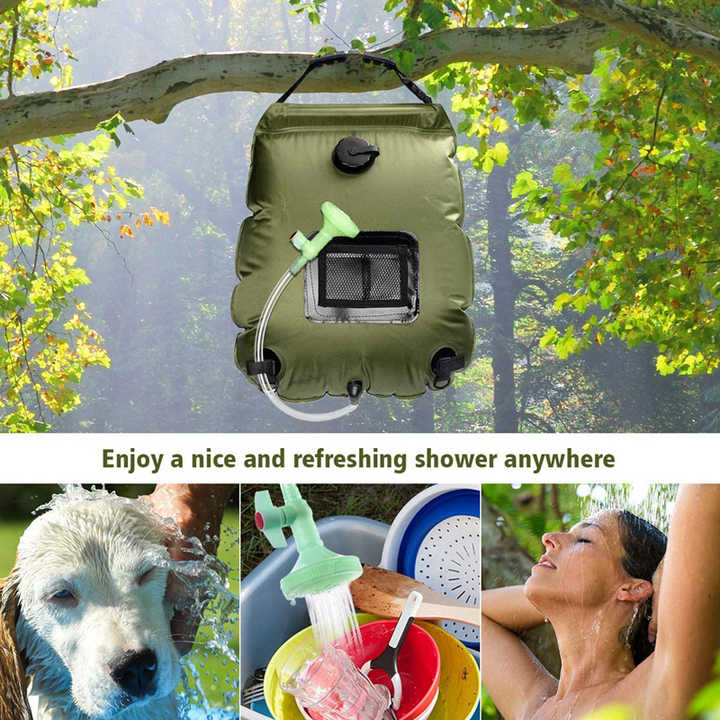 Portable solar shower bag in olive green with black temperature display and green shower head