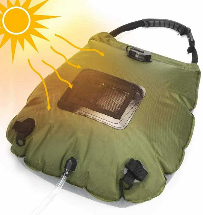 Portable solar shower bag in olive green with black temperature display panel