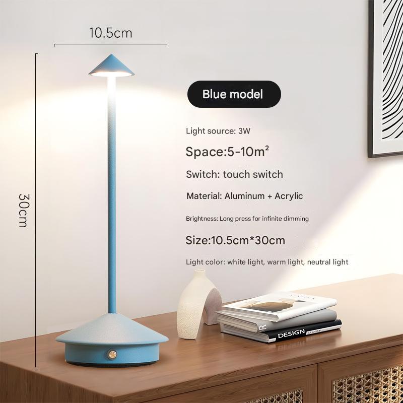 Blue mushroom LED night light with circular base and tall slim stem, white top cap