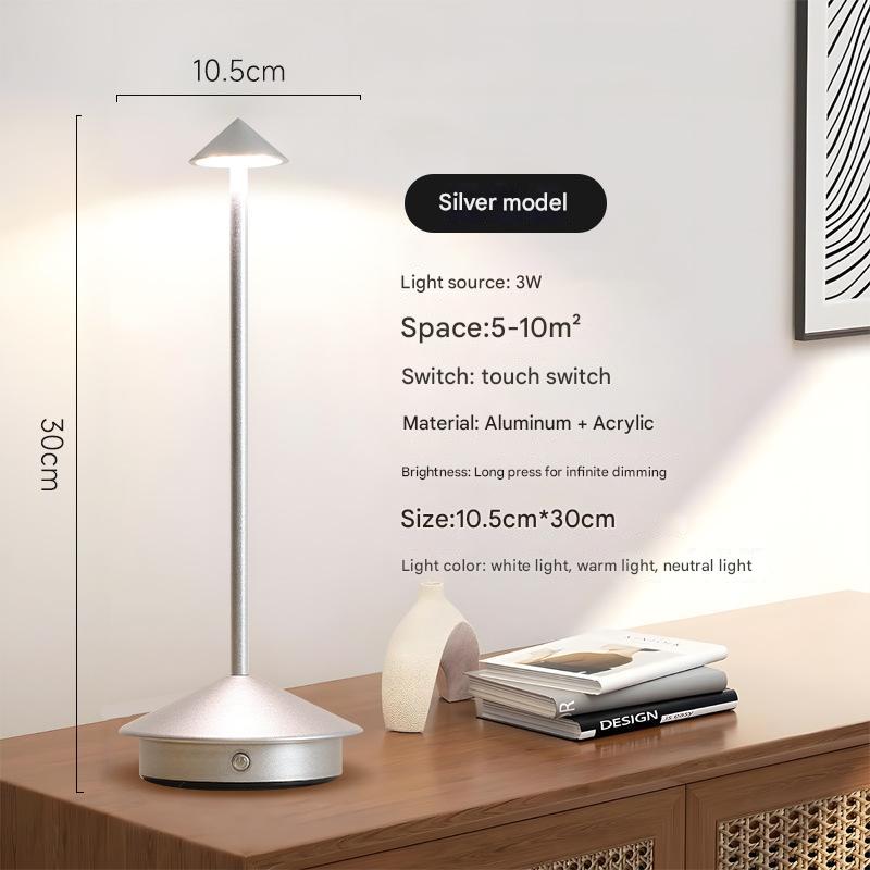 Silver LED mushroom night light with round base and tall stem