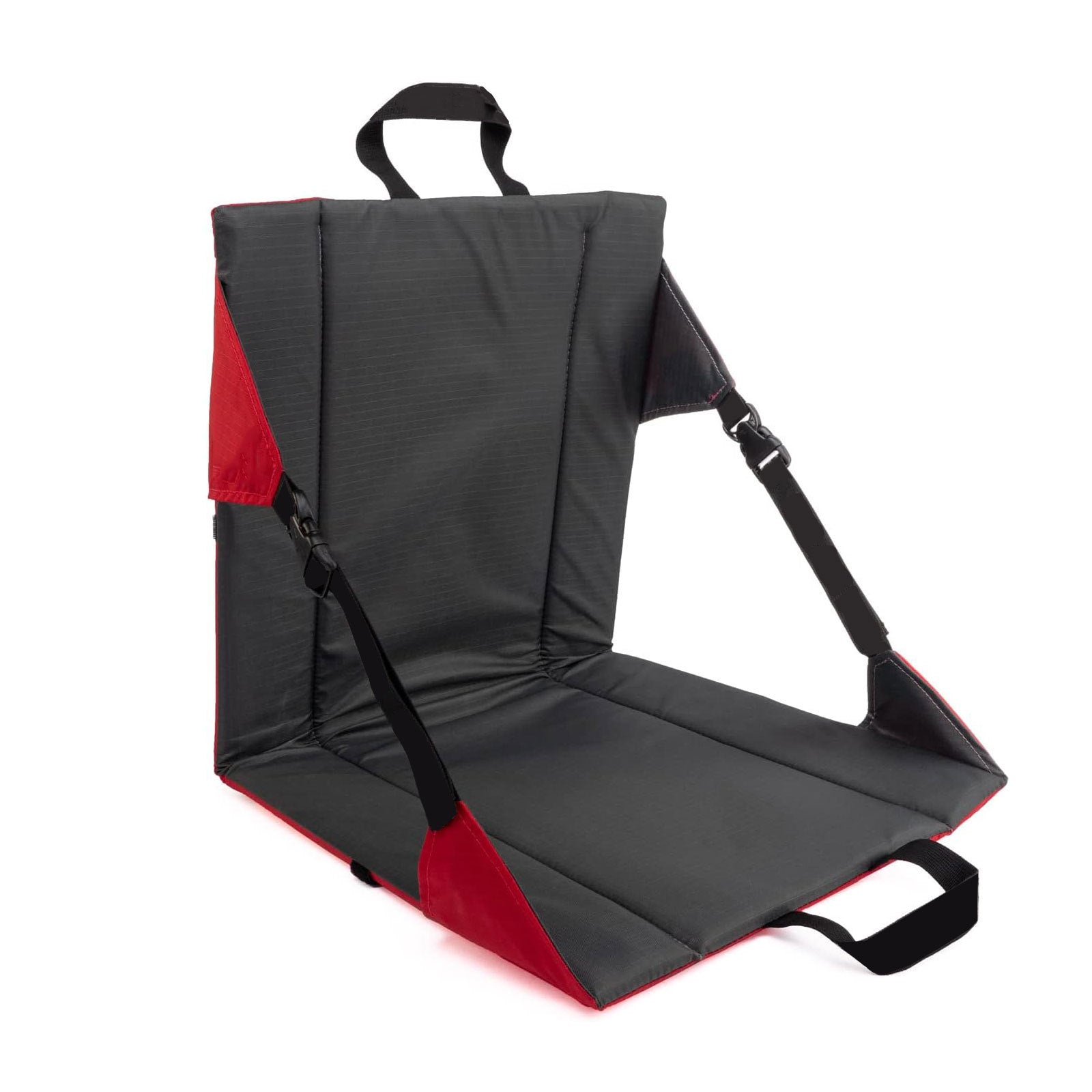 Black and red foldable camping seat pad with backrest, padded seat and shoulder strap.