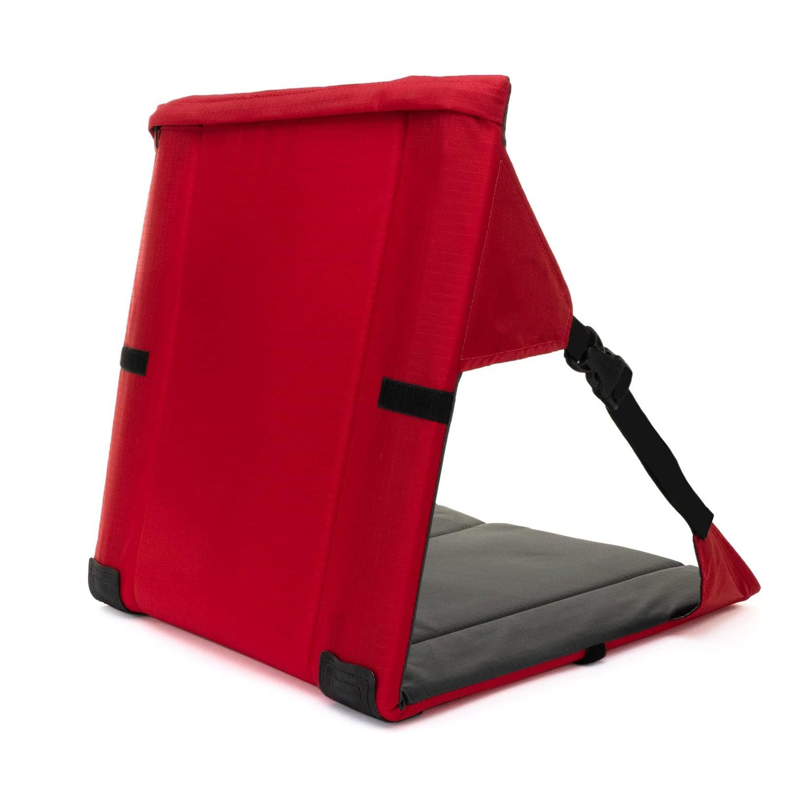 Red foldable camping seat pad with backrest, padded seat, black straps and corner caps.