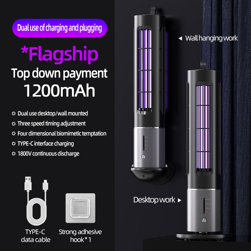 Mosquito killer lamp with black housing, purple UV tubes, and base for desktop or wall mount