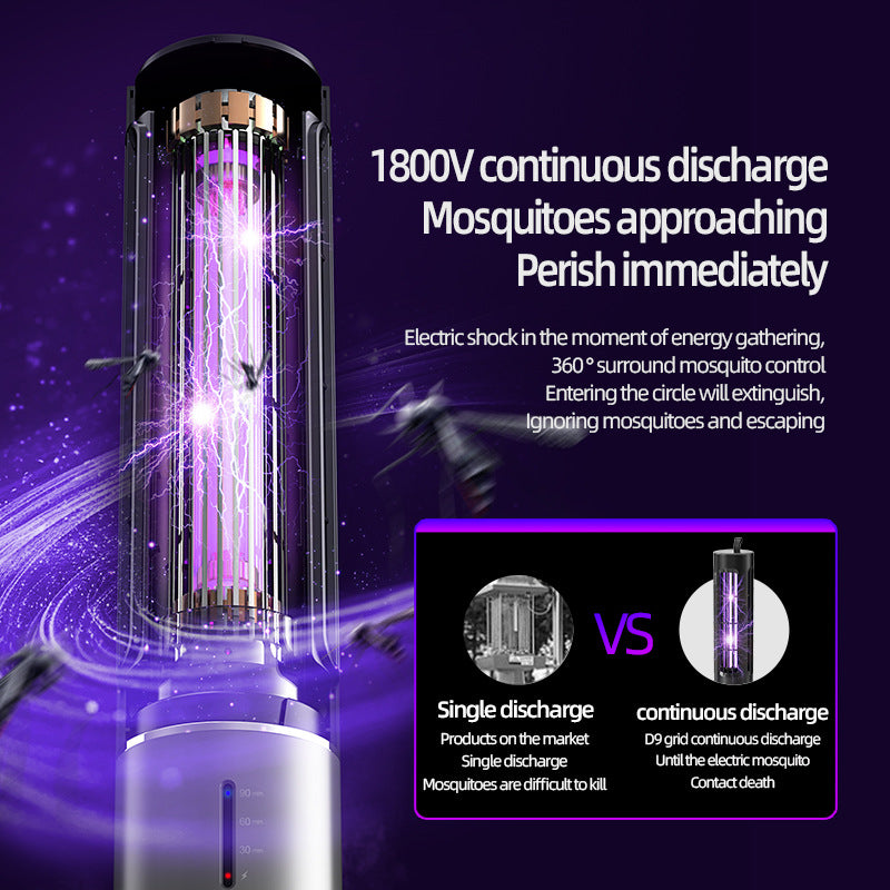 Mosquito killer lamp top view with glowing purple UV grid tubes inside black housing