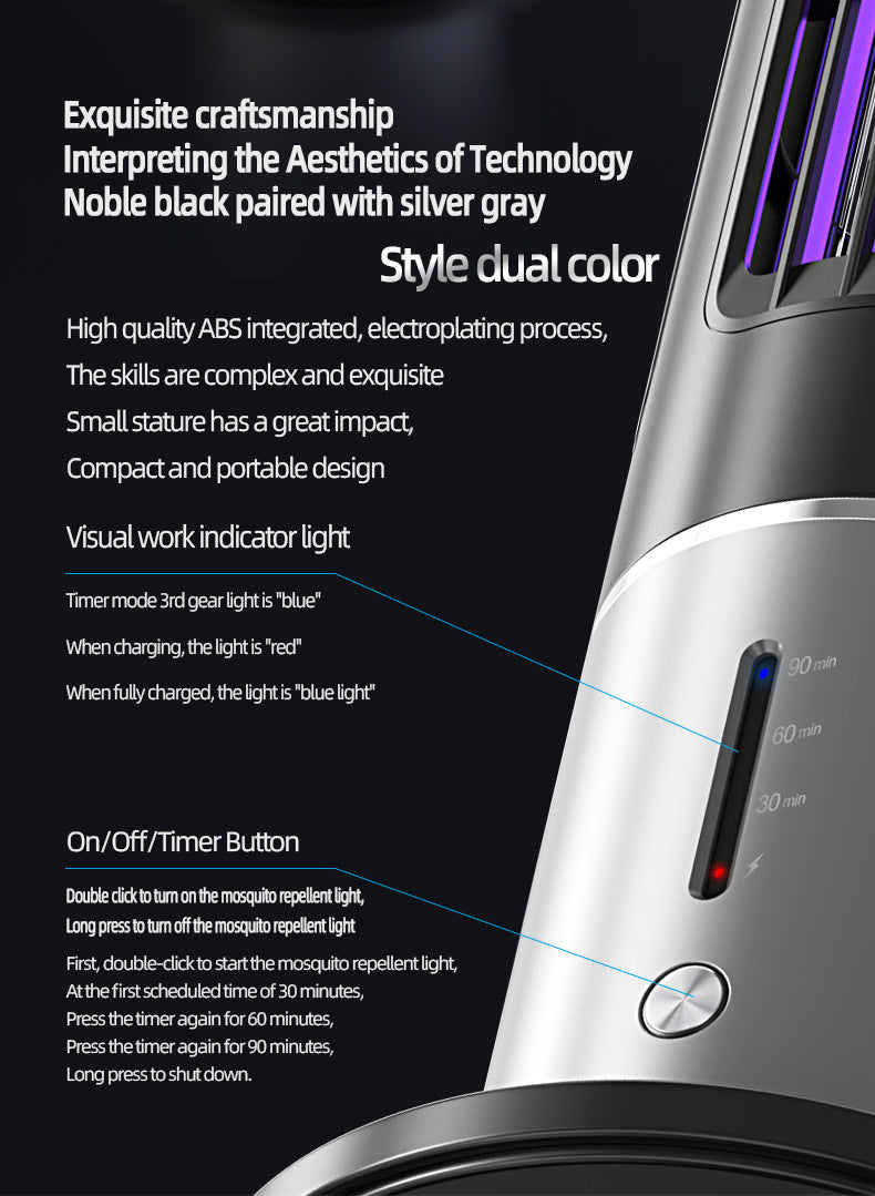 Mosquito killer lamp side panel with on/off button and blue indicator light on silver housing