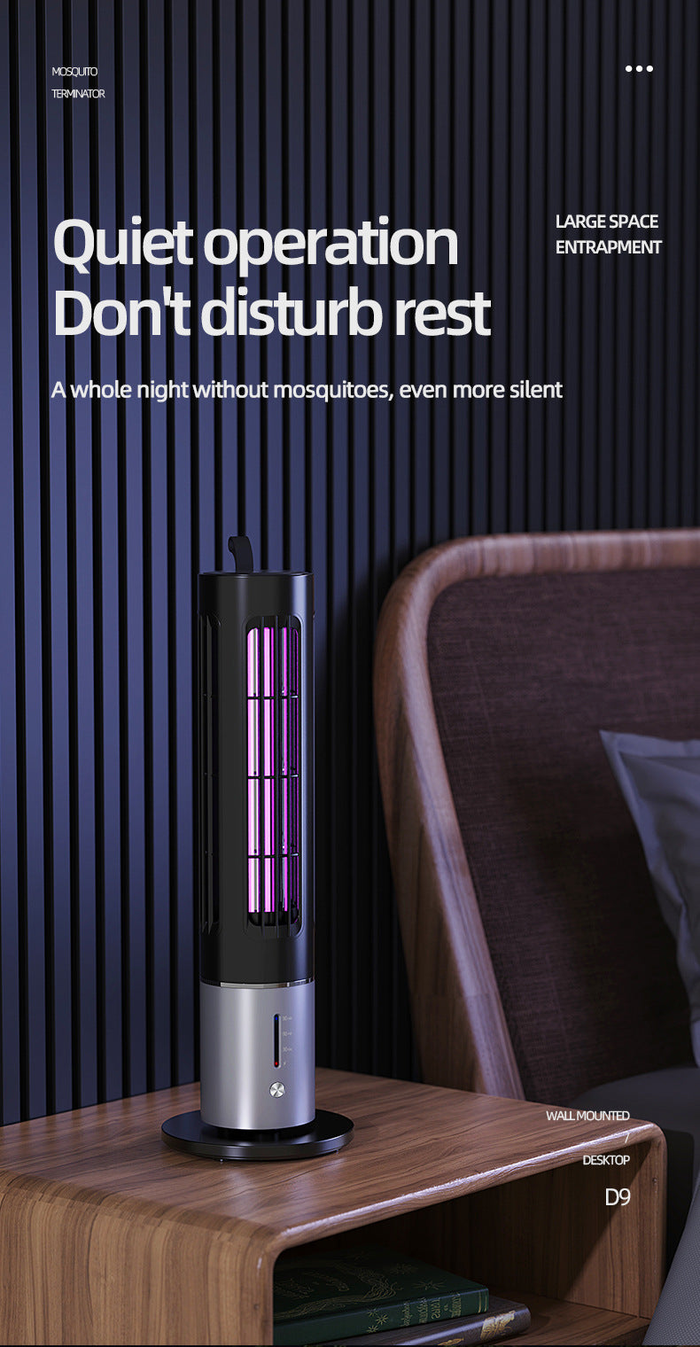 Mosquito killer lamp standing on tabletop with black cylinder housing and glowing purple tubes