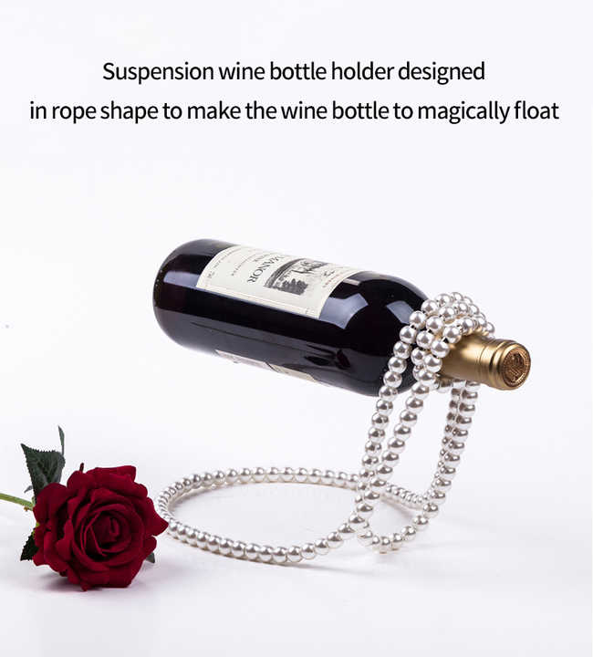 Silver pearl rope wine bottle holder for suspending a wine bottle